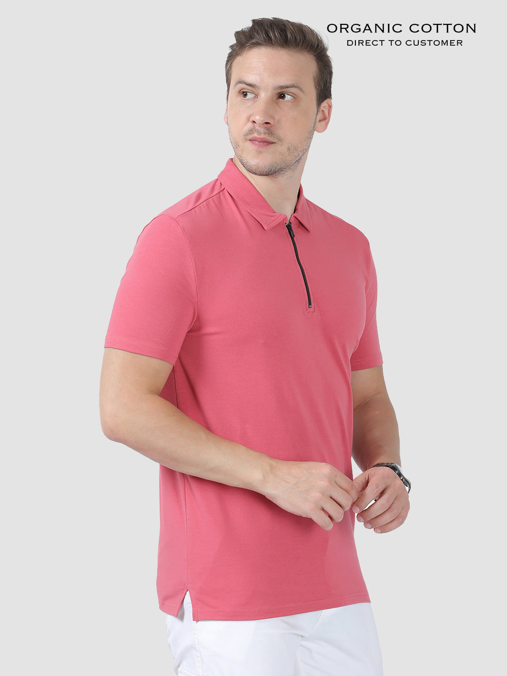 Slate Rose Organic Cotton Zipper Polo T-Shirt for Men