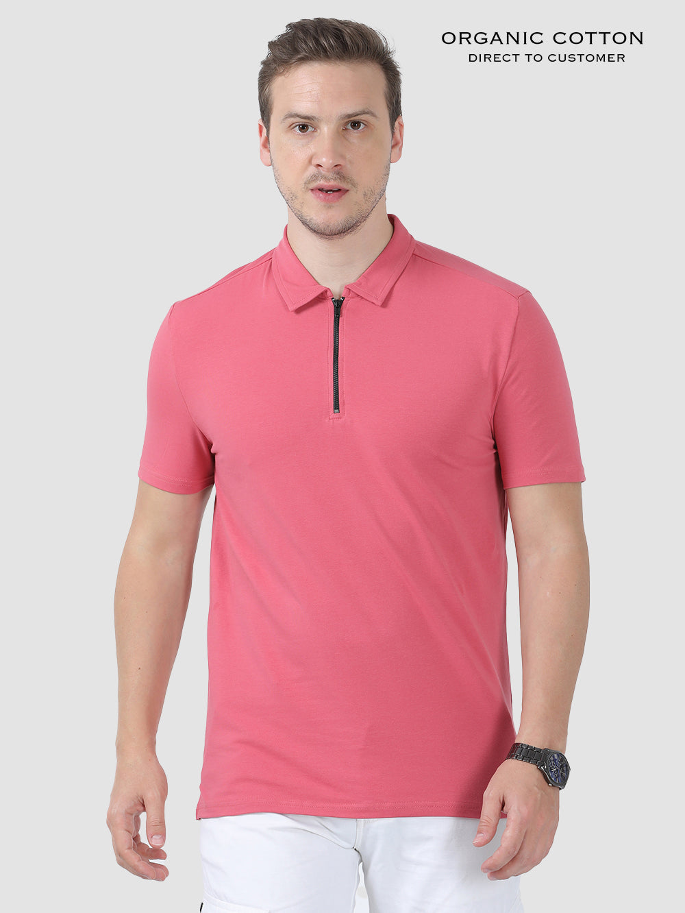 Slate Rose Organic Cotton Zipper Polo T-Shirt for Men