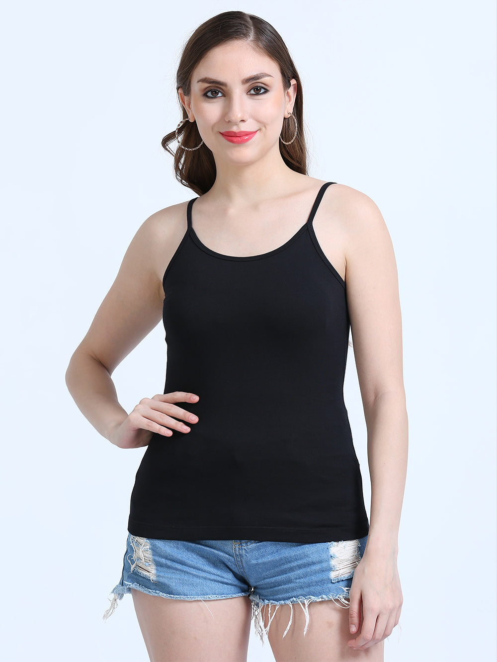 Black and Black Thin-Strap Organic Cotton Camisole for Women - Pack of 2