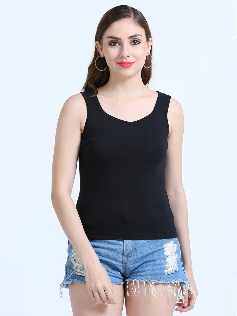 Black and Black Wide-Strap Organic Cotton Camisole for Women-Pack of 2