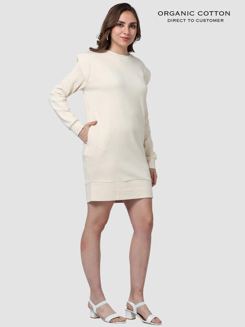 Beige Organic Cotton Oversized Flap-Shoulder Dress with Cuffed Sleeves & Pockets