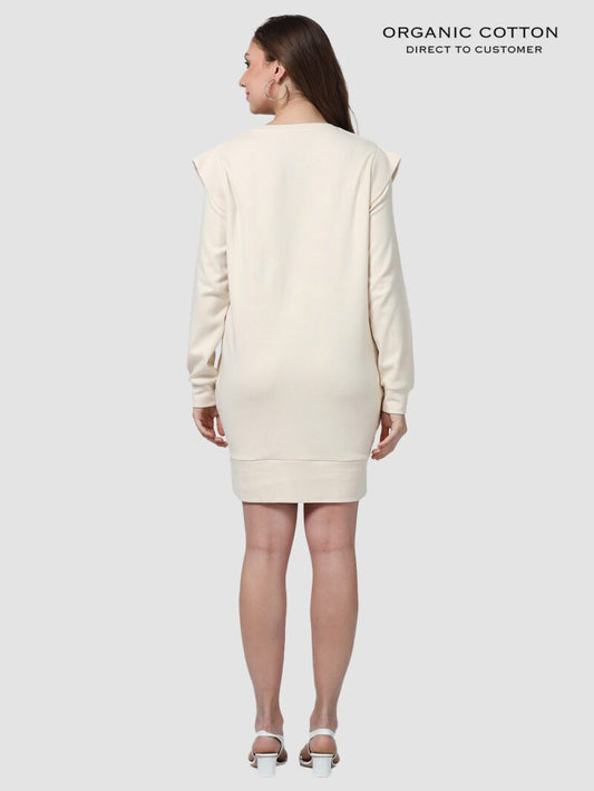 Beige Organic Cotton Oversized Flap-Shoulder Dress with Cuffed Sleeves & Pockets