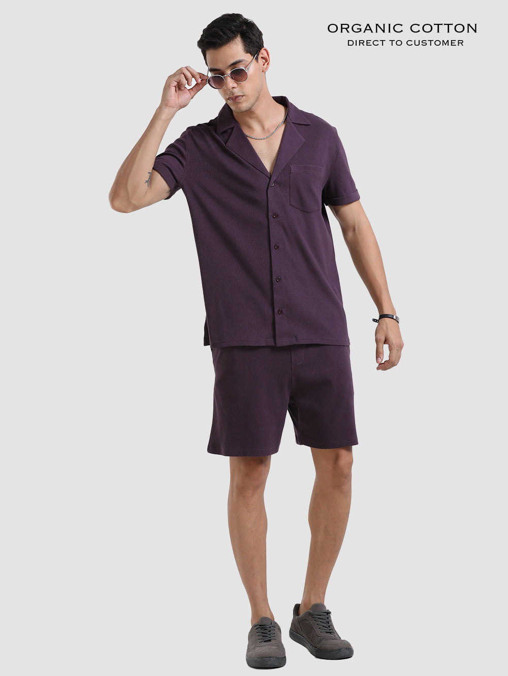 Wine Organic Cotton Men's Relaxed Ribbed, Cuban Collared Co-Ord Set