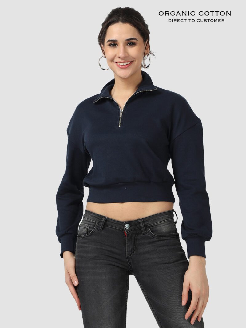 Navy Zip-Up Collared Crop Tee with Drop Shoulders & Full Sleeves