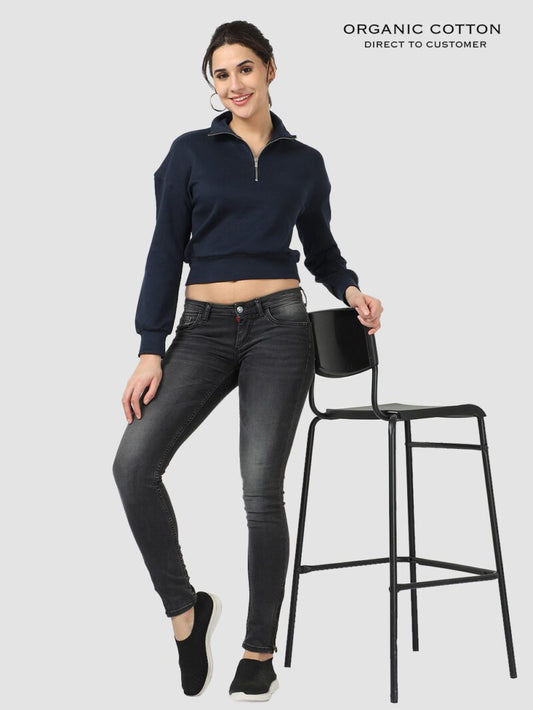 Navy Zip-Up Collared Crop Tee with Drop Shoulders & Full Sleeves