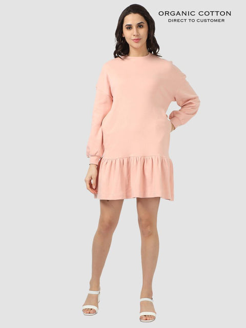 Evening Sand Organic Cotton Frill Hem Dress with Cuffed Sleeves