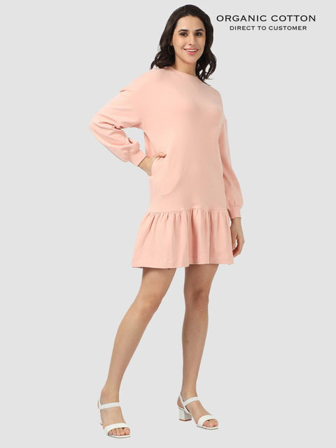 Evening Sand Organic Cotton Frill Hem Dress with Cuffed Sleeves