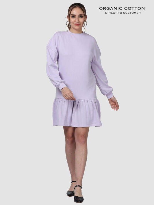 Fragant Lilac Organic Cotton Frill Hem Dress with Cuffed Sleeves