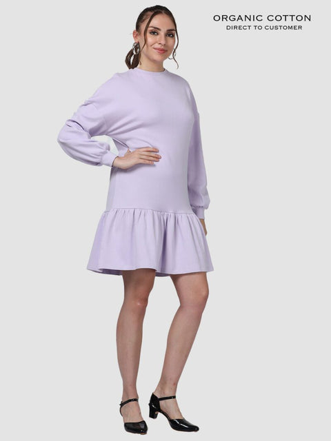 Fragant Lilac Organic Cotton Frill Hem Dress with Cuffed Sleeves