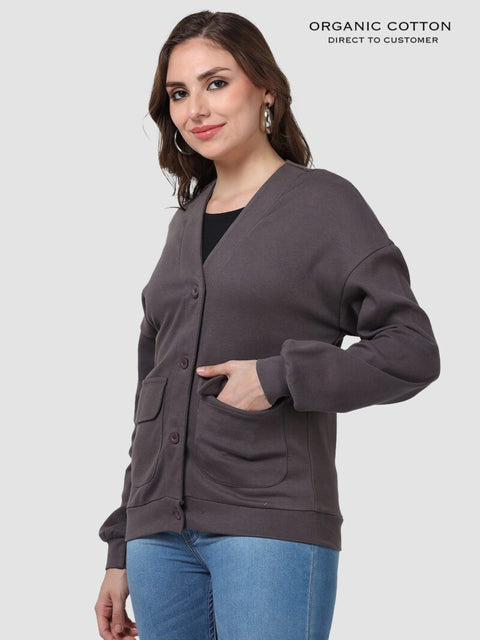 Dark Grey Organic Cotton Button-Up Cardigan with Utility Pockets