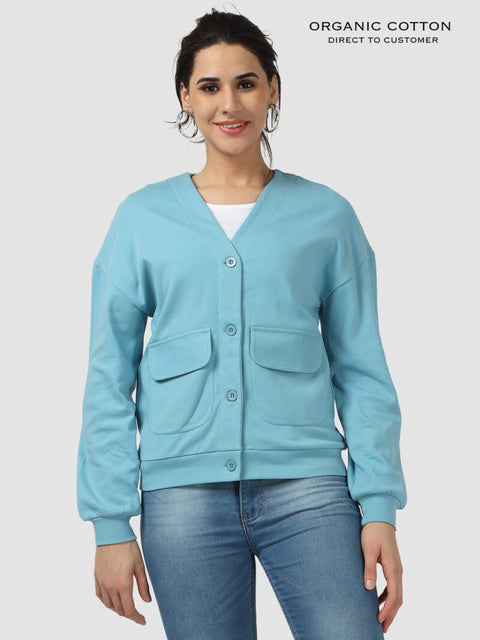 Delphinium Blue Organic Cotton Button-Up Cardigan with Utility Pockets