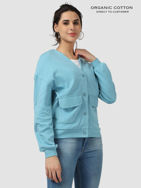 Delphinium Blue Organic Cotton Button-Up Cardigan with Utility Pockets