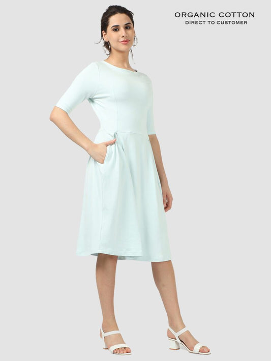 Sky Light Organic Cotton Pleated Midi Dress with Half Sleeves