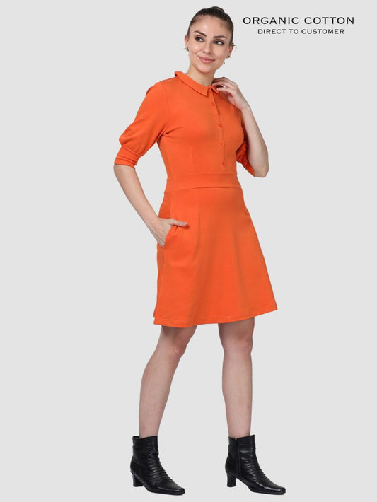 Burnt Orange Organic Cotton Collared Button-Up Dress with Bishop Sleeves & Pockets
