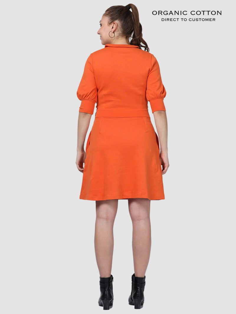 Burnt Orange Organic Cotton Collared Button-Up Dress with Bishop Sleeves & Pockets
