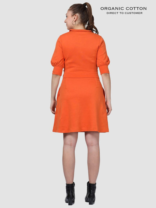 Burnt Orange Organic Cotton Collared Button-Up Dress with Bishop Sleeves & Pockets
