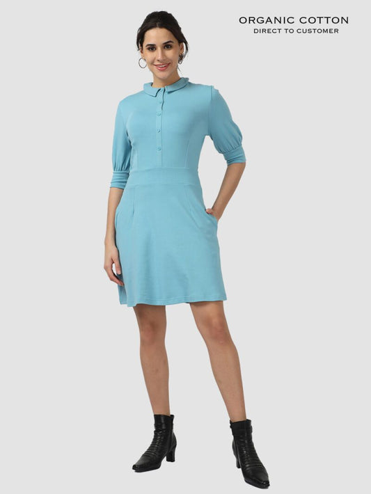 Delphinium Blue Organic Cotton Collared Button-Up Dress with Bishop Sleeves & Pockets