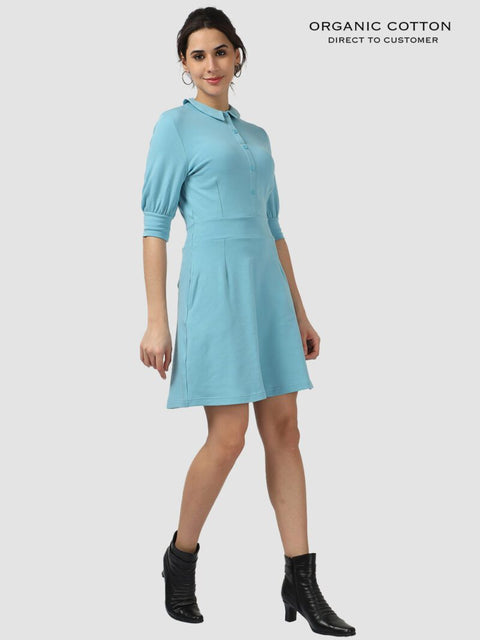 Delphinium Blue Organic Cotton Collared Button-Up Dress with Bishop Sleeves & Pockets