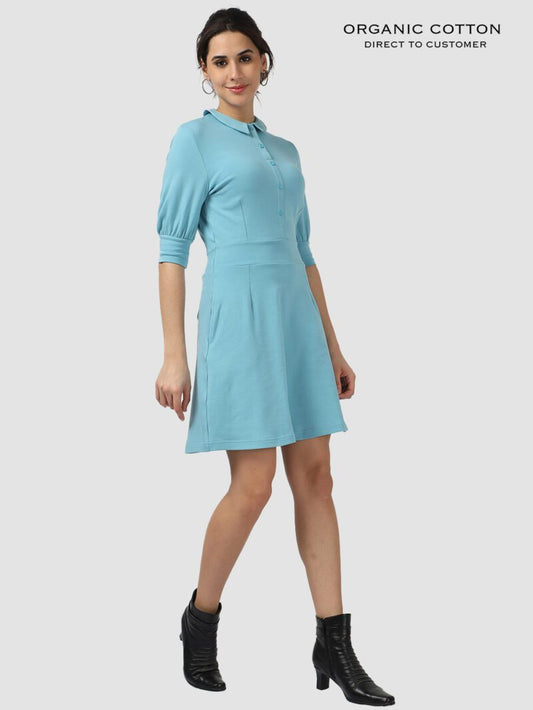 Delphinium Blue Organic Cotton Collared Button-Up Dress with Bishop Sleeves & Pockets