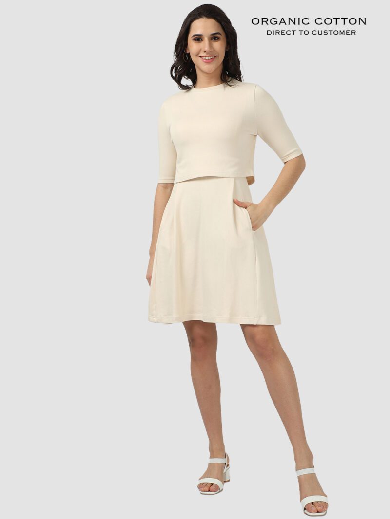 Beige Organic Cotton 2-Piece Dress Set with Crop Tee & Pockets