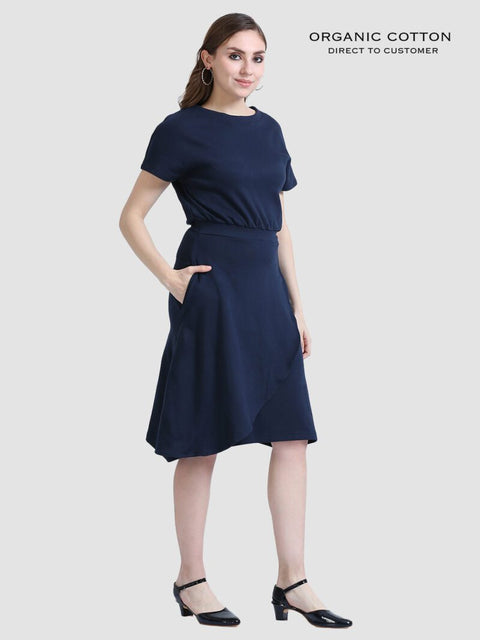 Navy Organic Cotton Cap Sleeve Dress with Fitted Waist & Pockets
