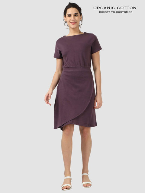 Wine Organic Cotton Cap Sleeve Dress with Fitted Waist & Pockets