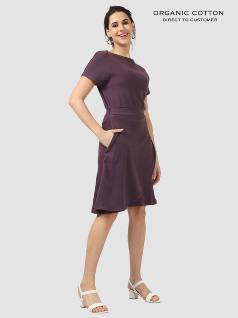 Wine Organic Cotton Cap Sleeve Dress with Fitted Waist & Pockets