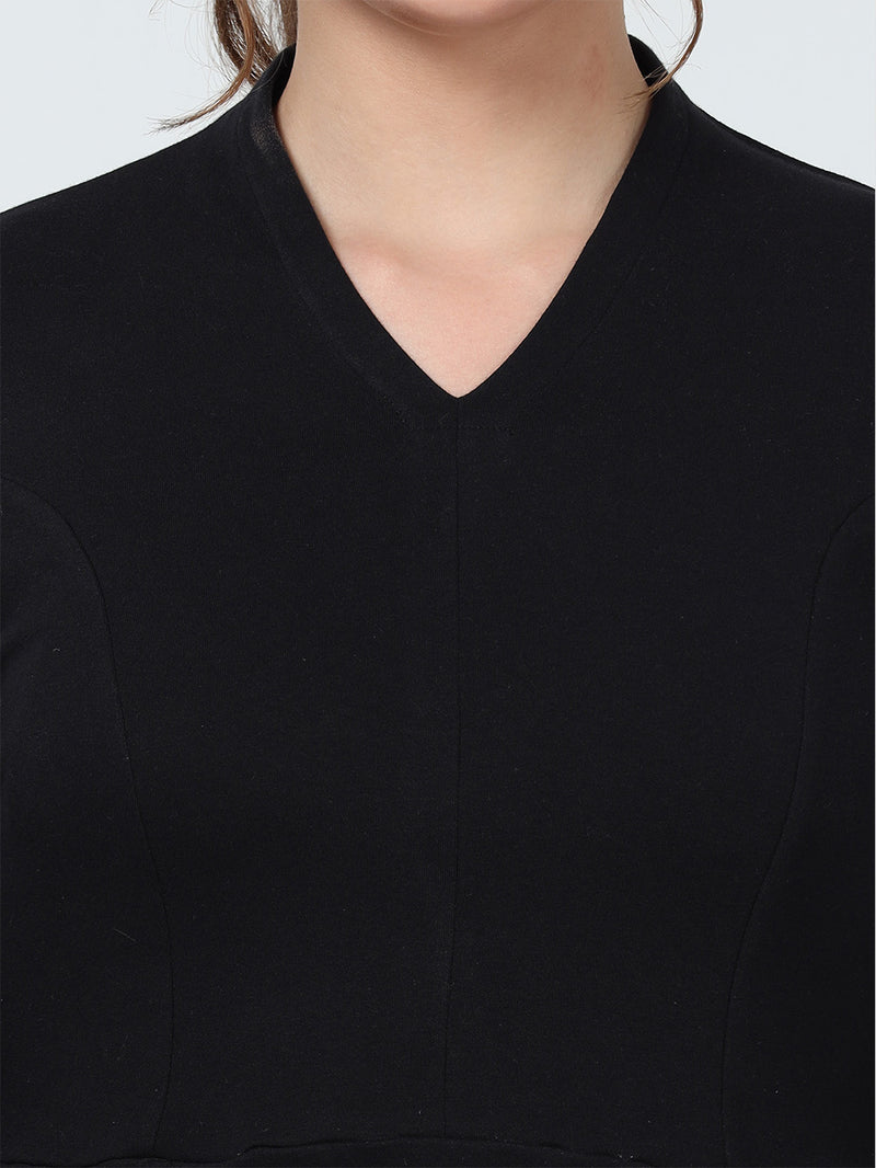 Black Elegant V-Neck Organic Cotton Dress with Pockets