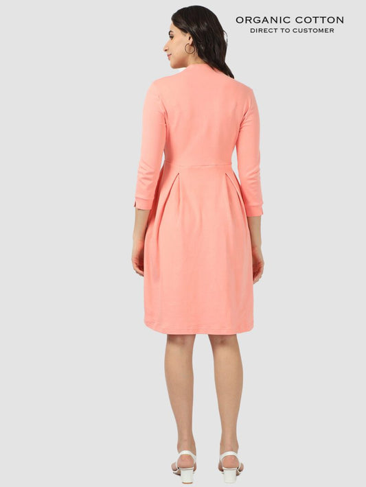 Peach Amber Elegant V-Neck Organic Cotton Dress with Pockets