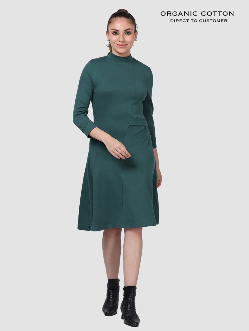 Cameo Green Organic Cotton High-Neck 3/4 Sleeve Dress
