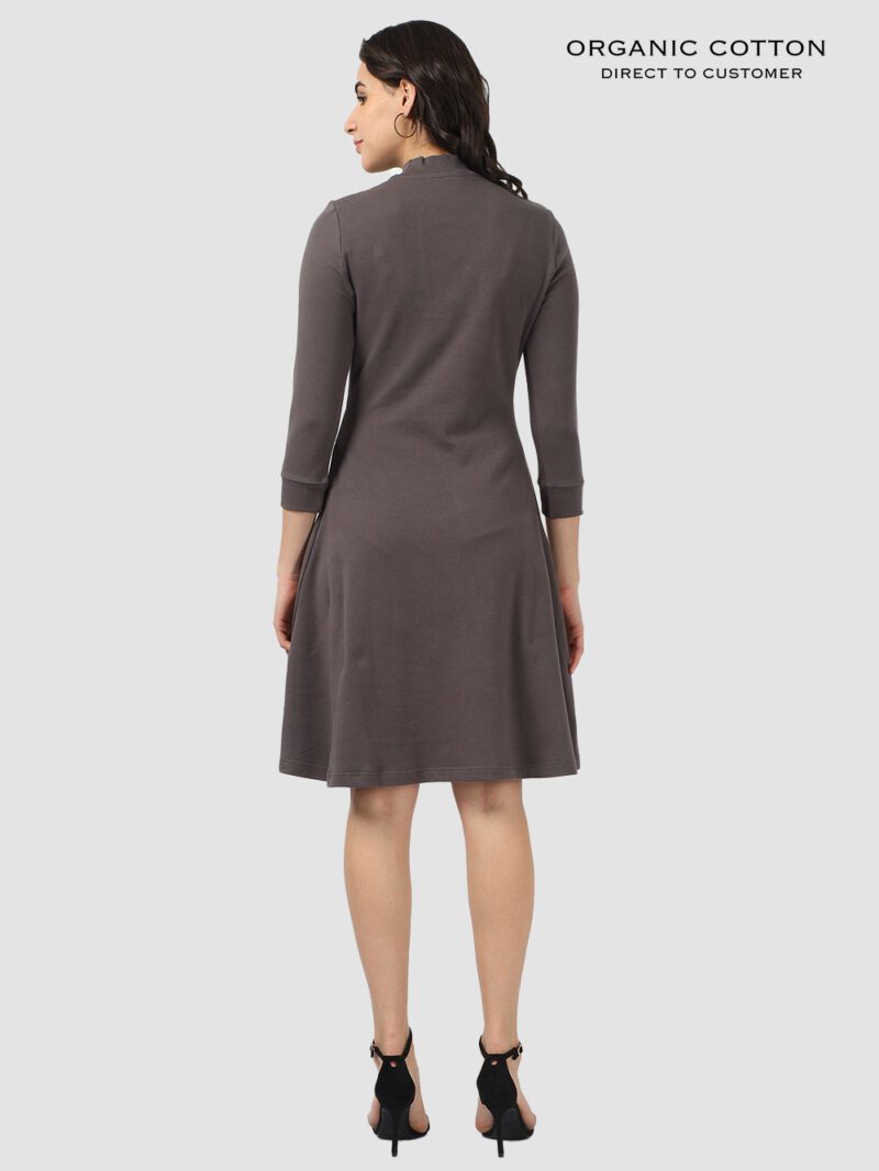 Dark Grey Organic Cotton High-Neck 3/4 Sleeve Dress
