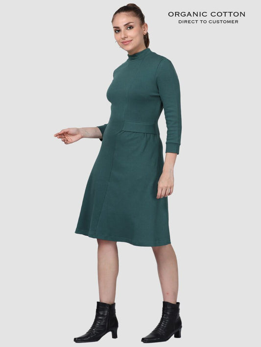 Cameo Green Organic Cotton High-Neck 3/4 Sleeve Dress
