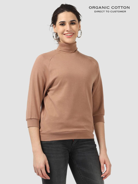 Wood Brown High Neck Raglan Sleeve Cotton Pullover