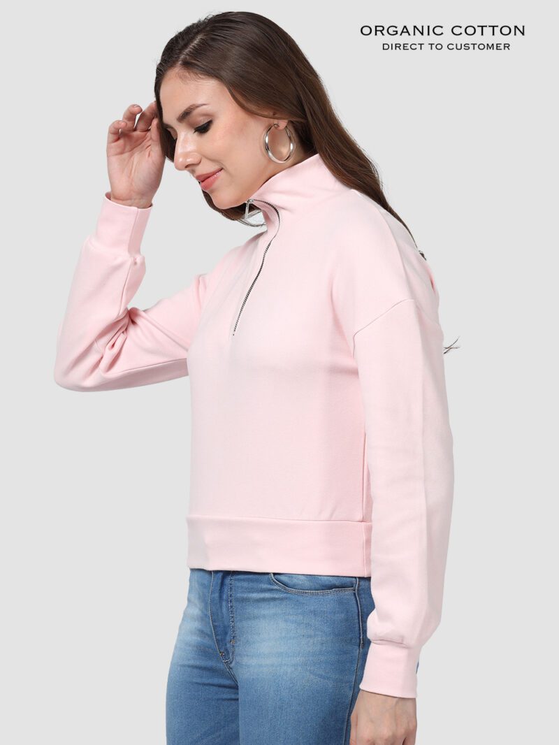 Light Pink Zip-Up Collared Crop Tee with Drop Shoulders & Full Sleeves