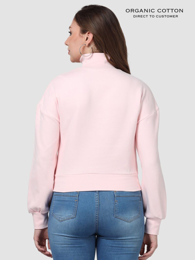 Light Pink Zip-Up Collared Crop Tee with Drop Shoulders & Full Sleeves