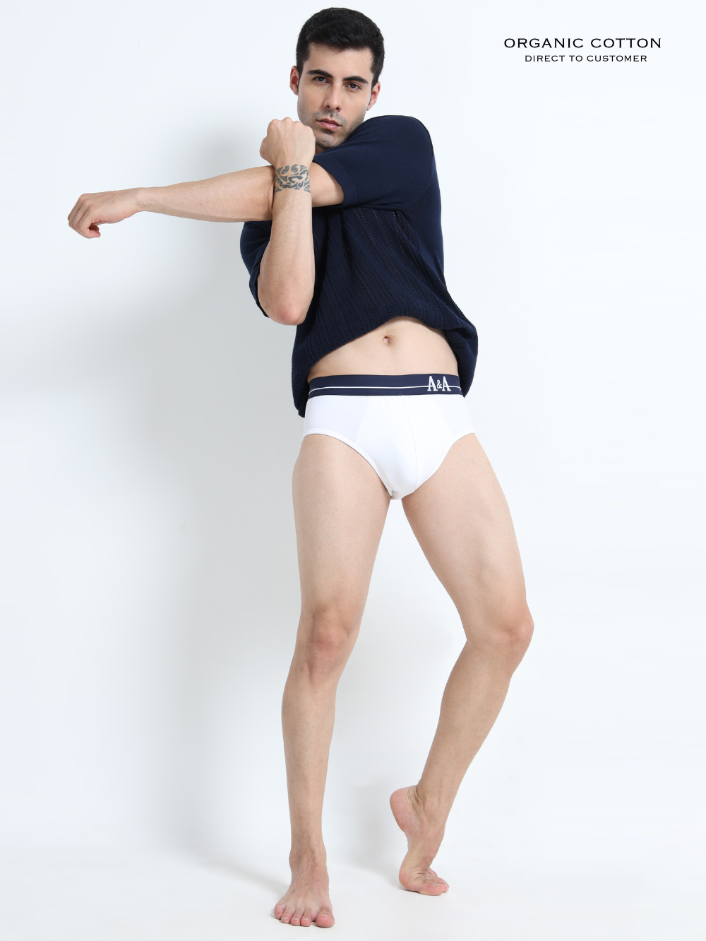 White and White Organic Cotton Super Stretch Brief Outer Elastic Waistband - Pack of 2