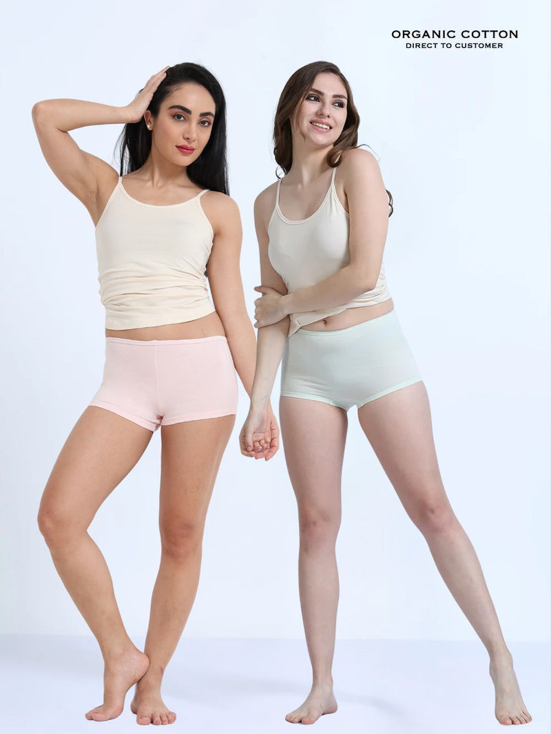 Pink and Canary Green Organic Cotton Boy Shorts for Women - Pack of 2