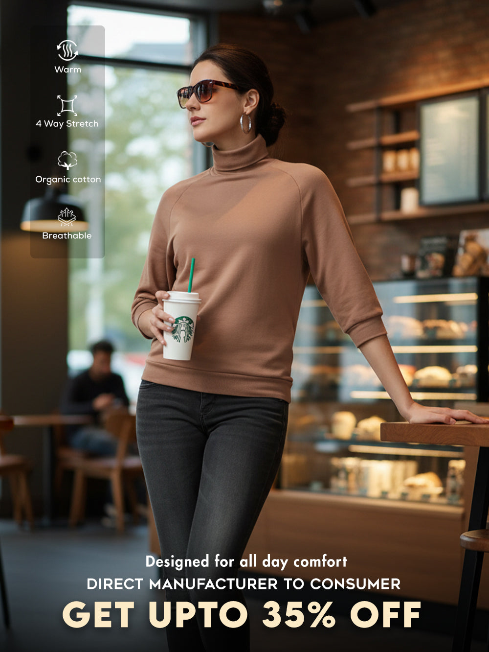 Wood Brown High Neck Raglan Sleeve Cotton Pullover