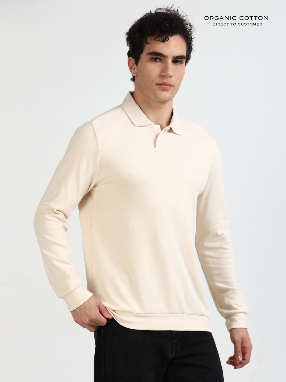 Beige Mens Organic Cotton Polo Pull-Over Button