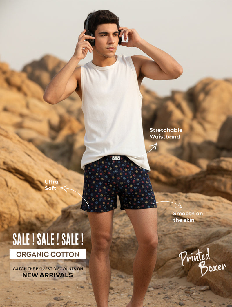 Navy Organic Cotton Mens Printed Short Boxer With Confetti Orbit Design – Pack of 1