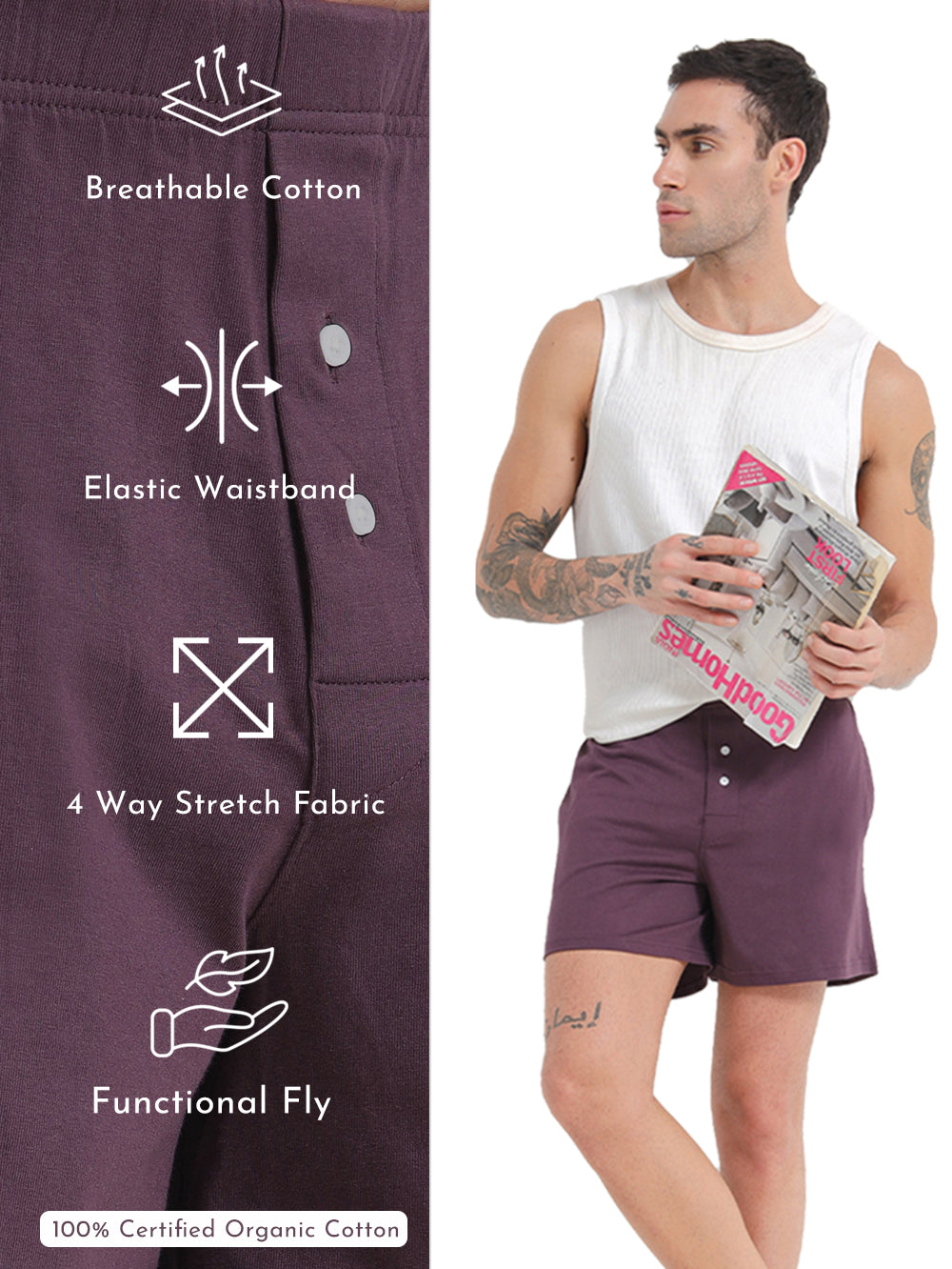 Wine and White Organic Cotton Regular Boxer for Mens - Pack of 2