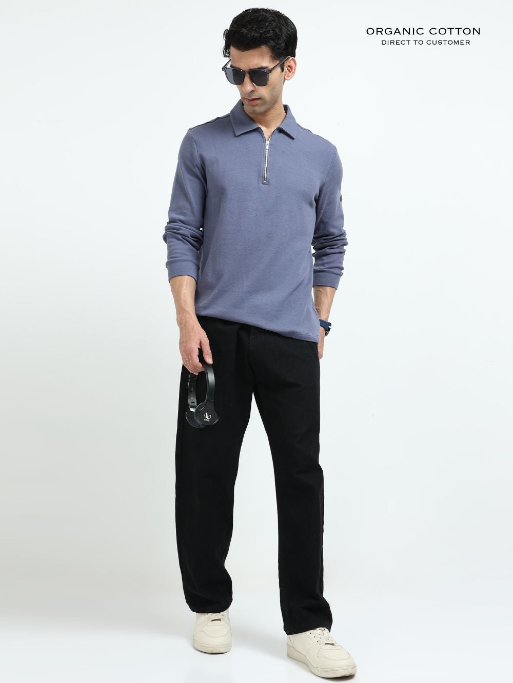 Blueish Grey Men’s Organic Cotton Stretch Zip Polo
