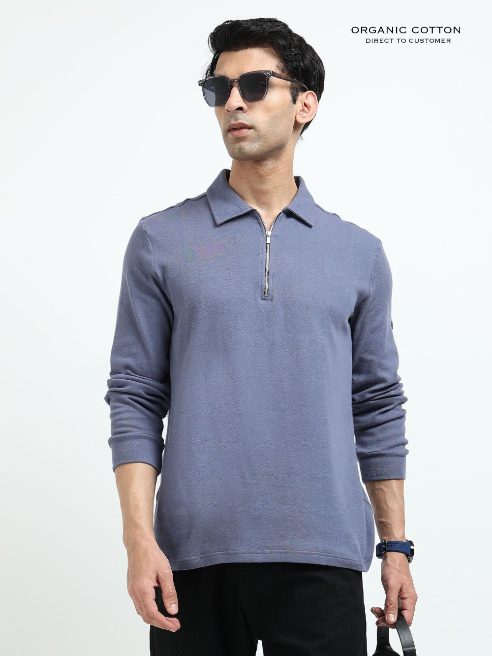 Blueish Grey Men’s Organic Cotton Stretch Zip Polo