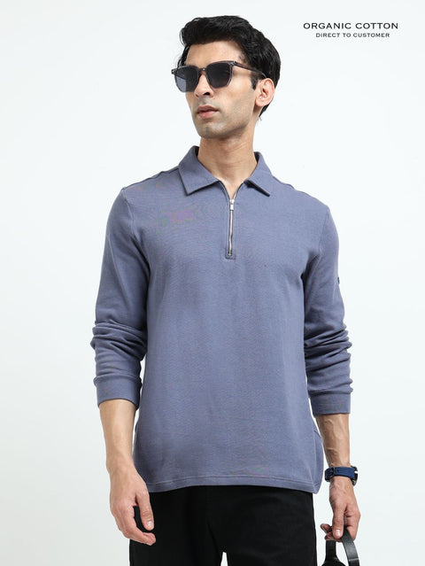 Blueish Grey Men’s Organic Cotton Stretch Zip Polo
