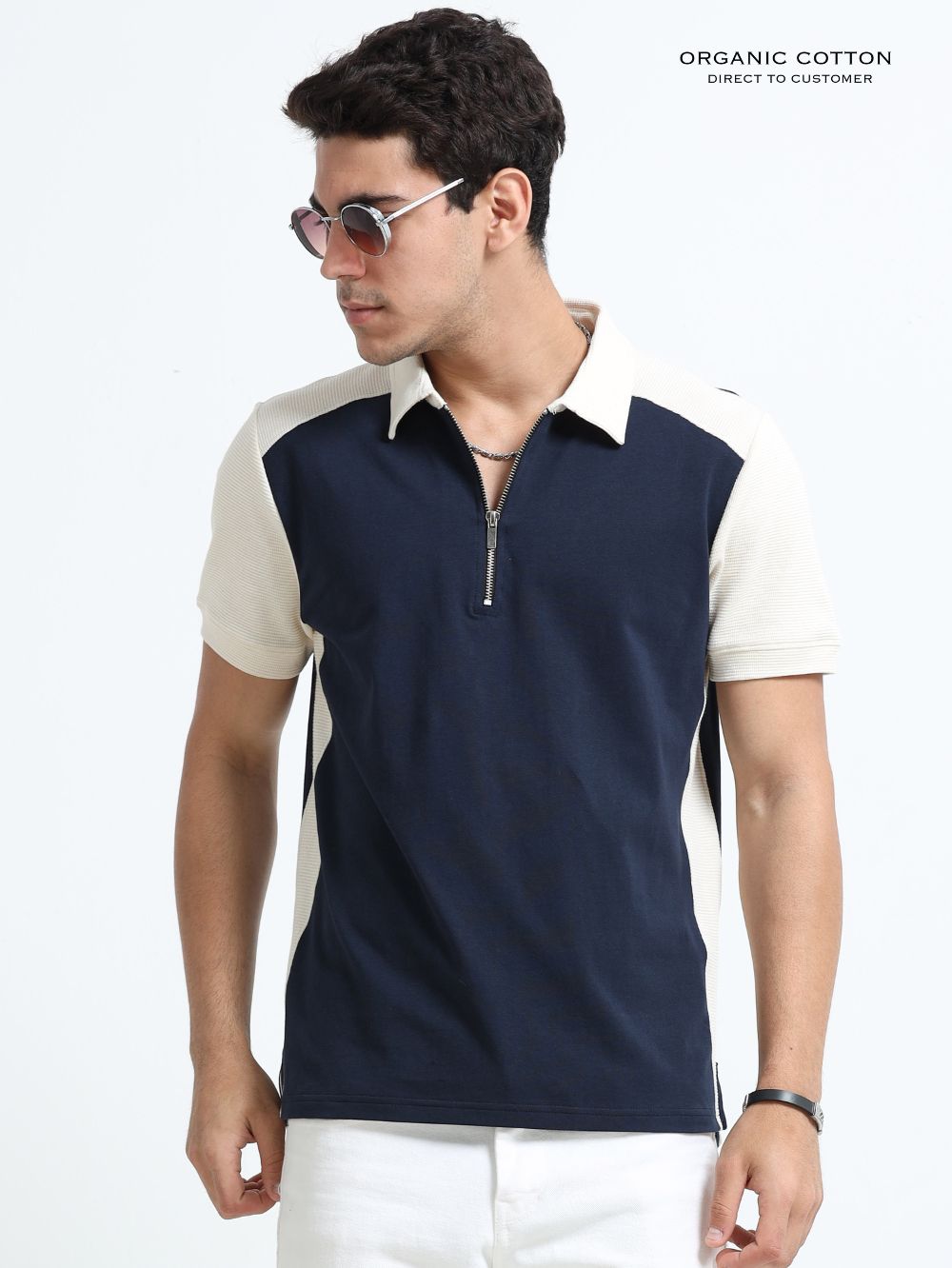 Beige Modern Contrast Panel Zip Polo T-Shirt for Mens