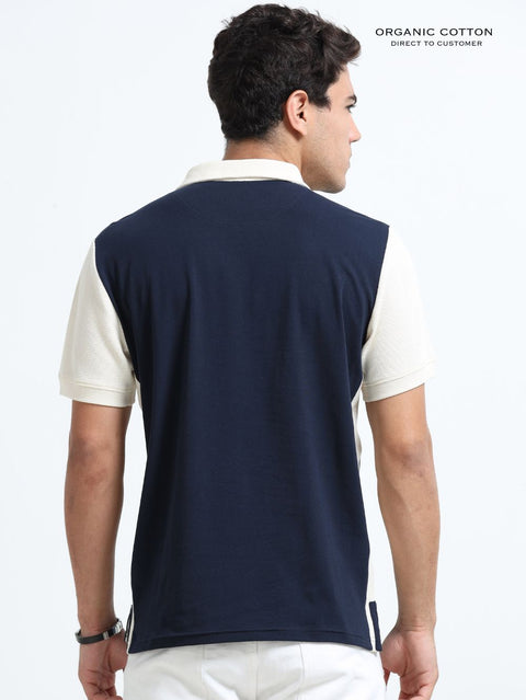 Beige Modern Contrast Panel Zip Polo T-Shirt for Mens