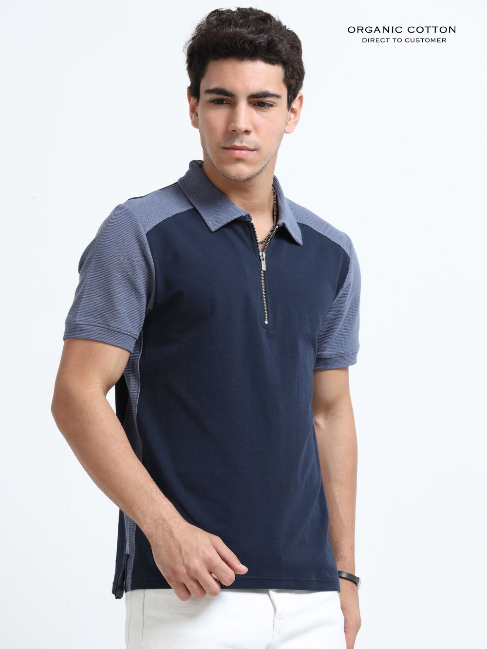 Blueish Grey Modern Contrast Panel Zip Polo T-Shirt for Mens