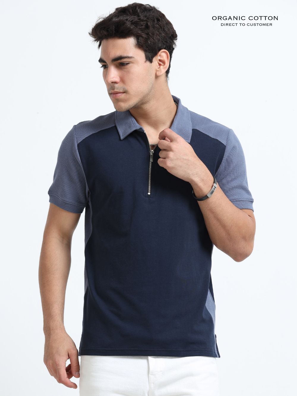 Blueish Grey Modern Contrast Panel Zip Polo T-Shirt for Mens
