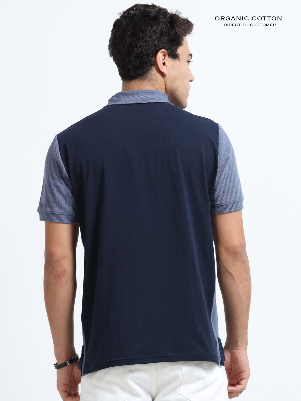 Blueish Grey Modern Contrast Panel Zip Polo T-Shirt for Mens