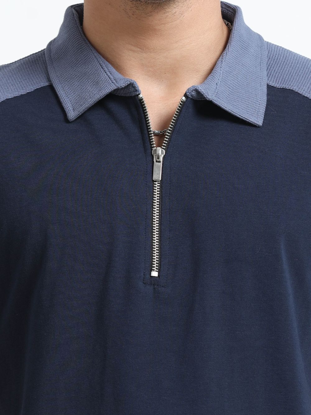 Blueish Grey Modern Contrast Panel Zip Polo T-Shirt for Mens